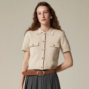 New JCREW Size M Short-Sleeve Pocket Cardigan in Toasted Cream $118 CG803
